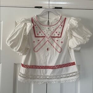 Anthropologie Embroidered - Puff Sleeved Red & White Top